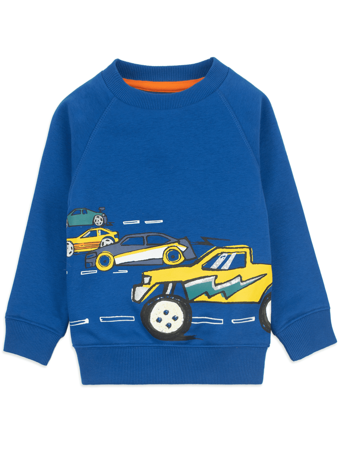 Kids Bright Blue Sweatshirt - Monster Truck & Race Car Graphic