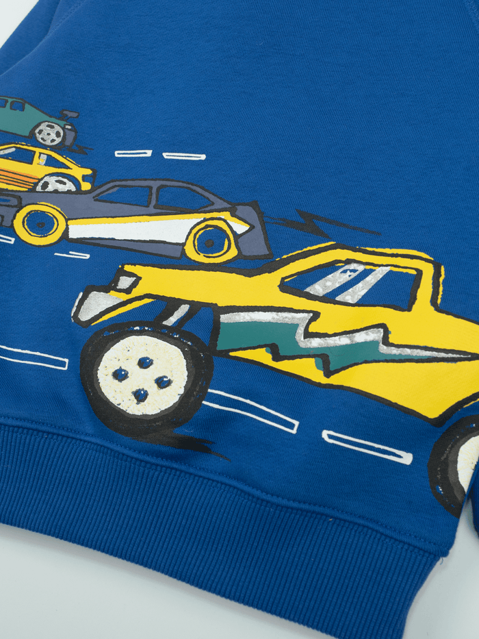 Kids Bright Blue Sweatshirt - Monster Truck & Race Car Graphic