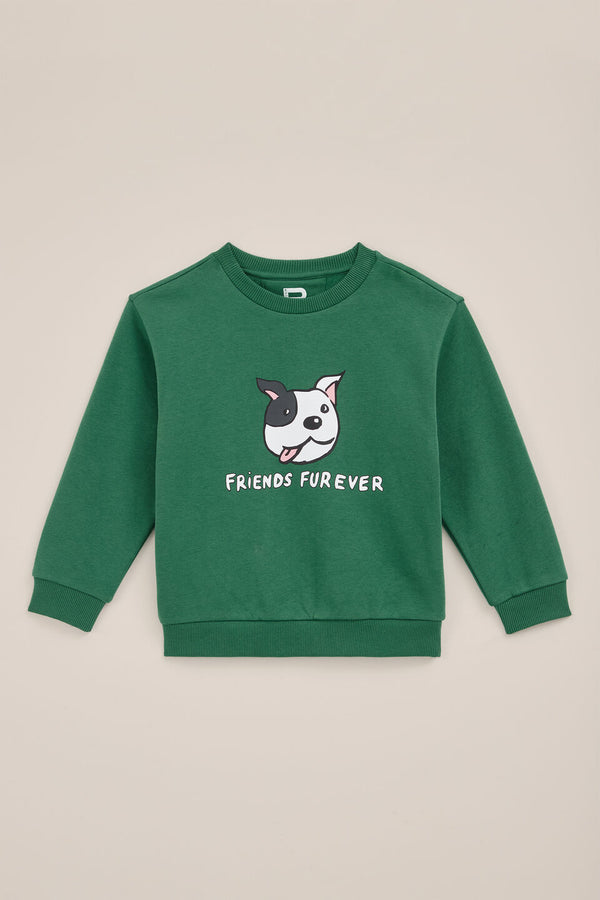 Kids Green Sweatshirt - Cute Dog Face Graphic "Friends Furever"