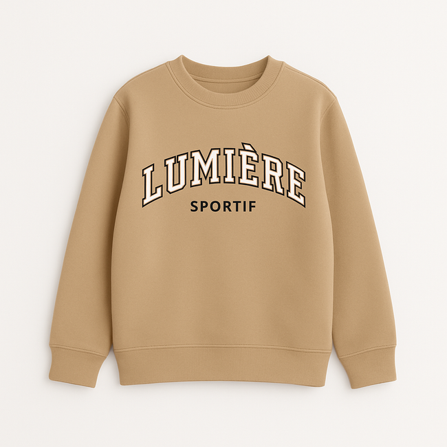 Kids Camel Beige Sweatshirt - "Lumière Sportif" Varsity Arch Text (BG-000055)