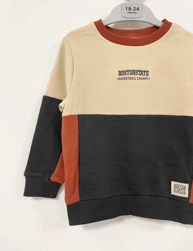 Kids Color Block Sweatshirt - Navy, Cream & Rust "Boston State" Basketball Theme