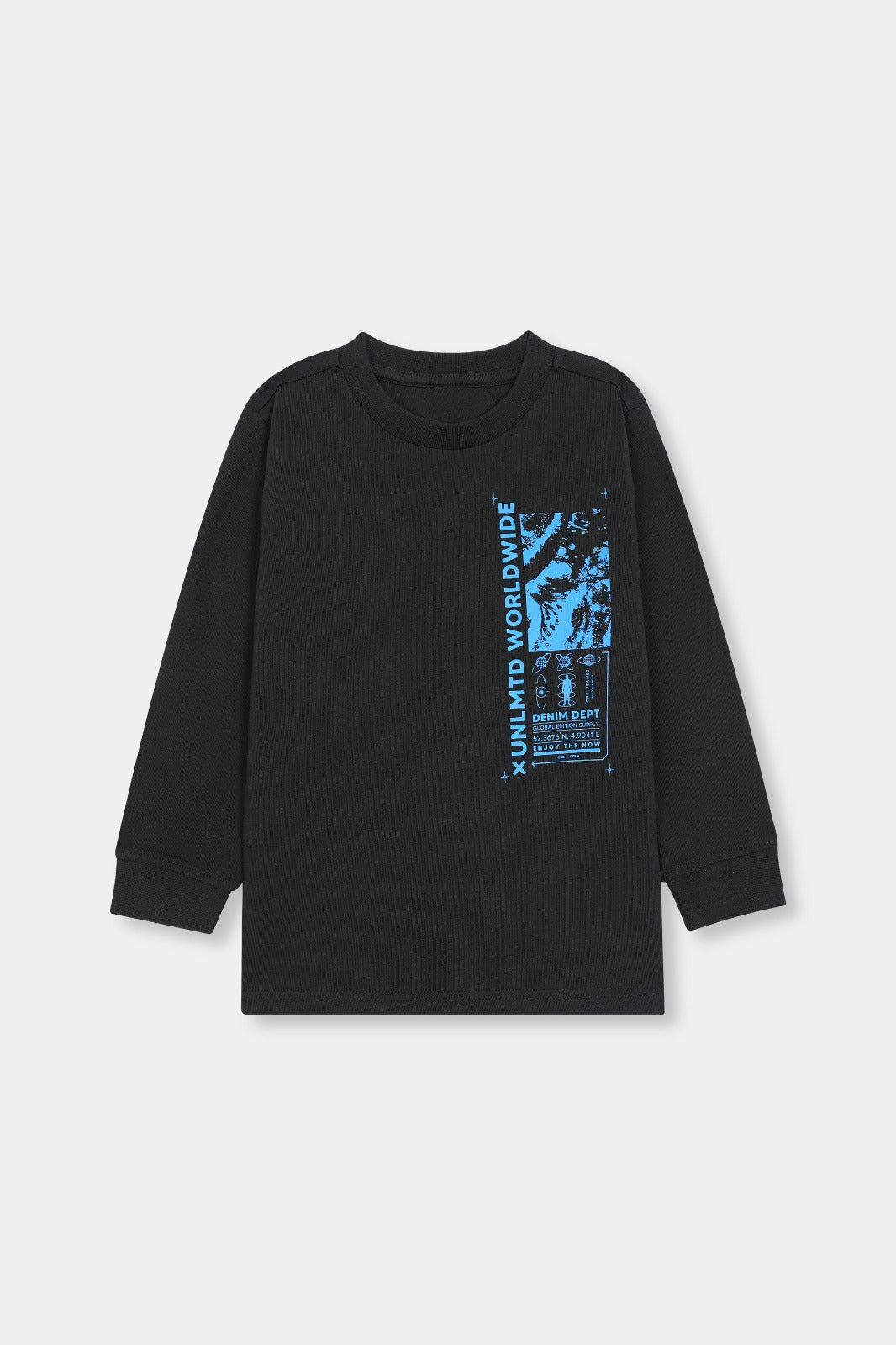 Black long sleeved t-shirt with blue print
