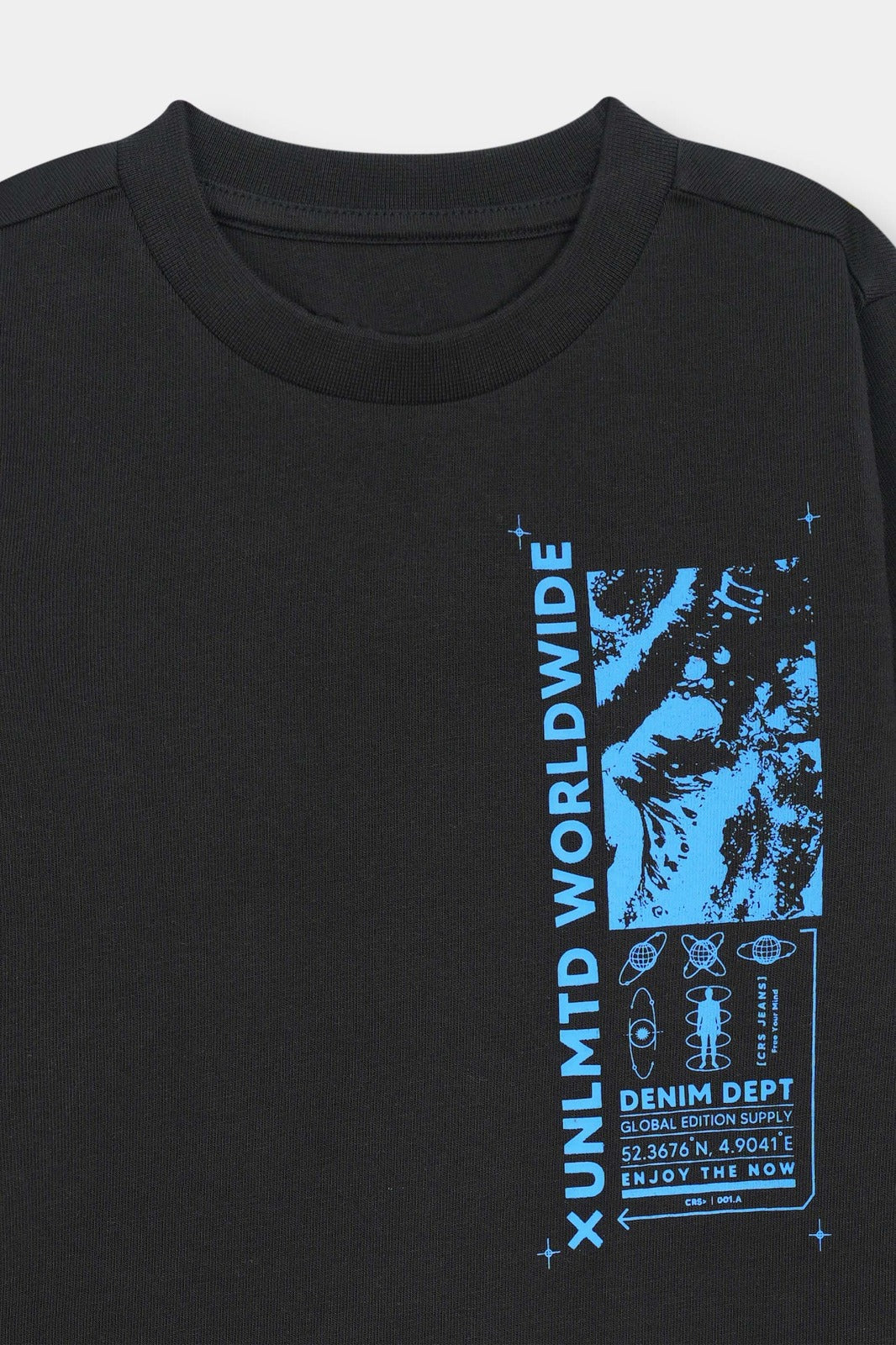 Black long sleeved t-shirt with blue print