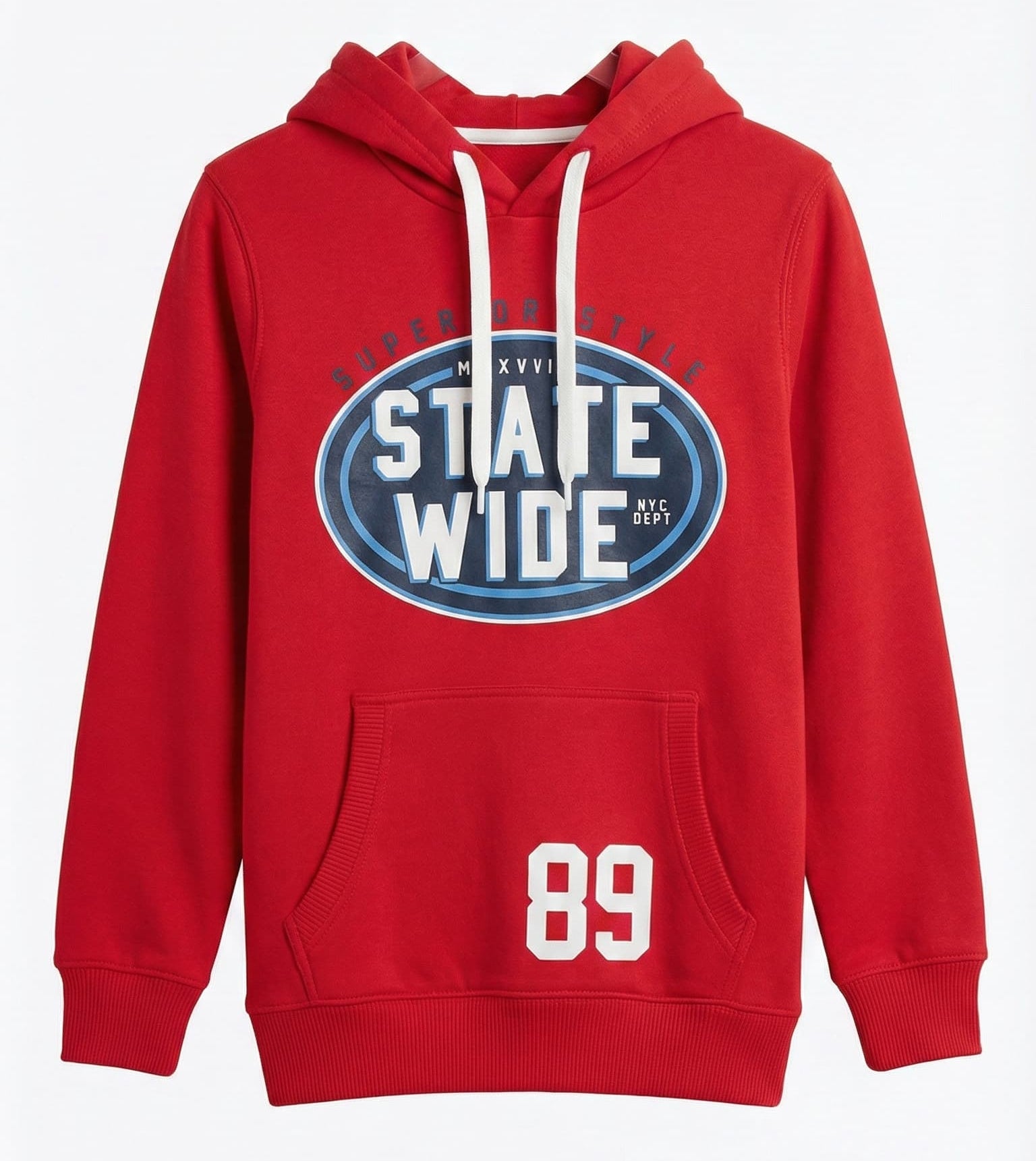 Red hoodie with a state wide 89 graphic print