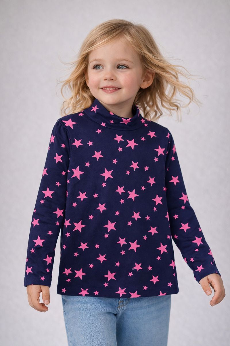 Nany Blue Long Sleeve Top with Pink Stars (BG-000175)