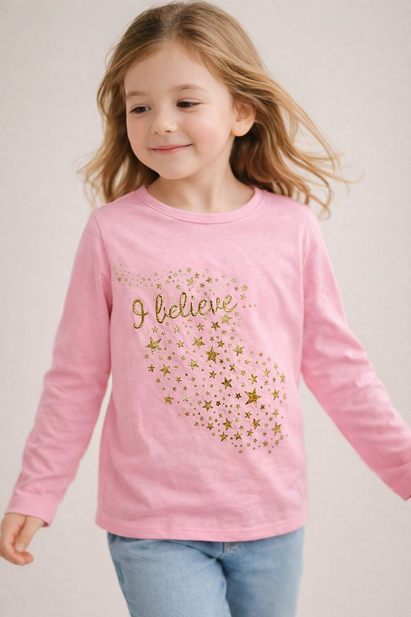 Pink Long Sleeved Shirt with Falling Gold Stars Graphic