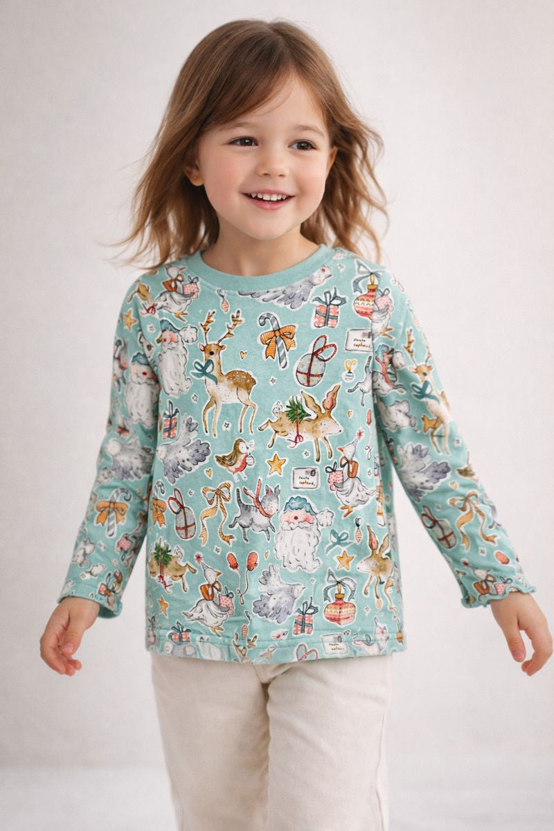 Blue Goose Print Christmas Top