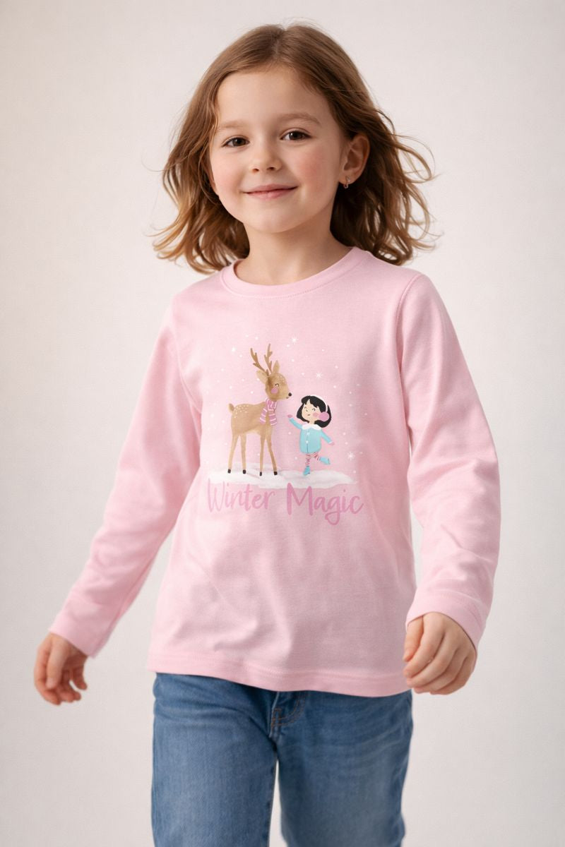 Pink Long Sleeve Shirt with Girl & Winter Magic Text