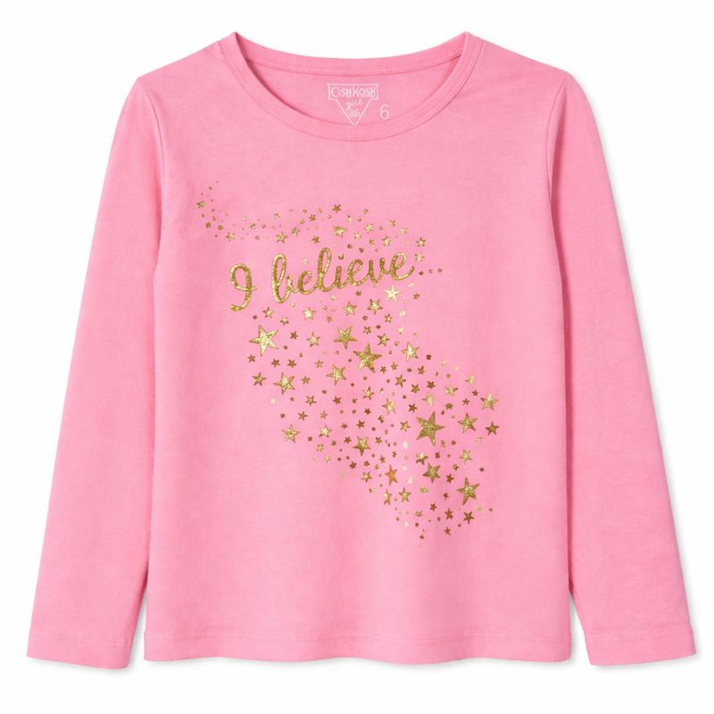 Pink Long Sleeved Shirt with Falling Gold Stars Graphic
