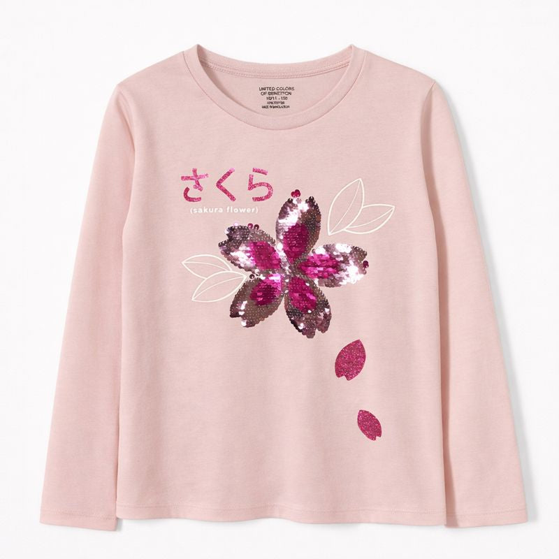 Long Sleeve Shirt with Sequined Sakura Flower Graphic