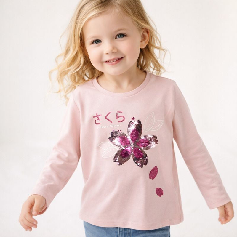 Long Sleeve Shirt with Sequined Sakura Flower Graphic