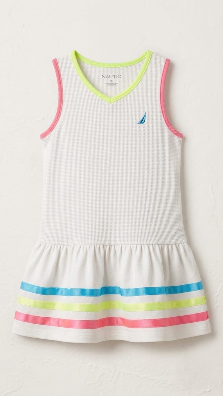 Nautica Girls' Sleeveless Waffle Knit Drop-Waist Dress with Neon Stripes (BG-000880)