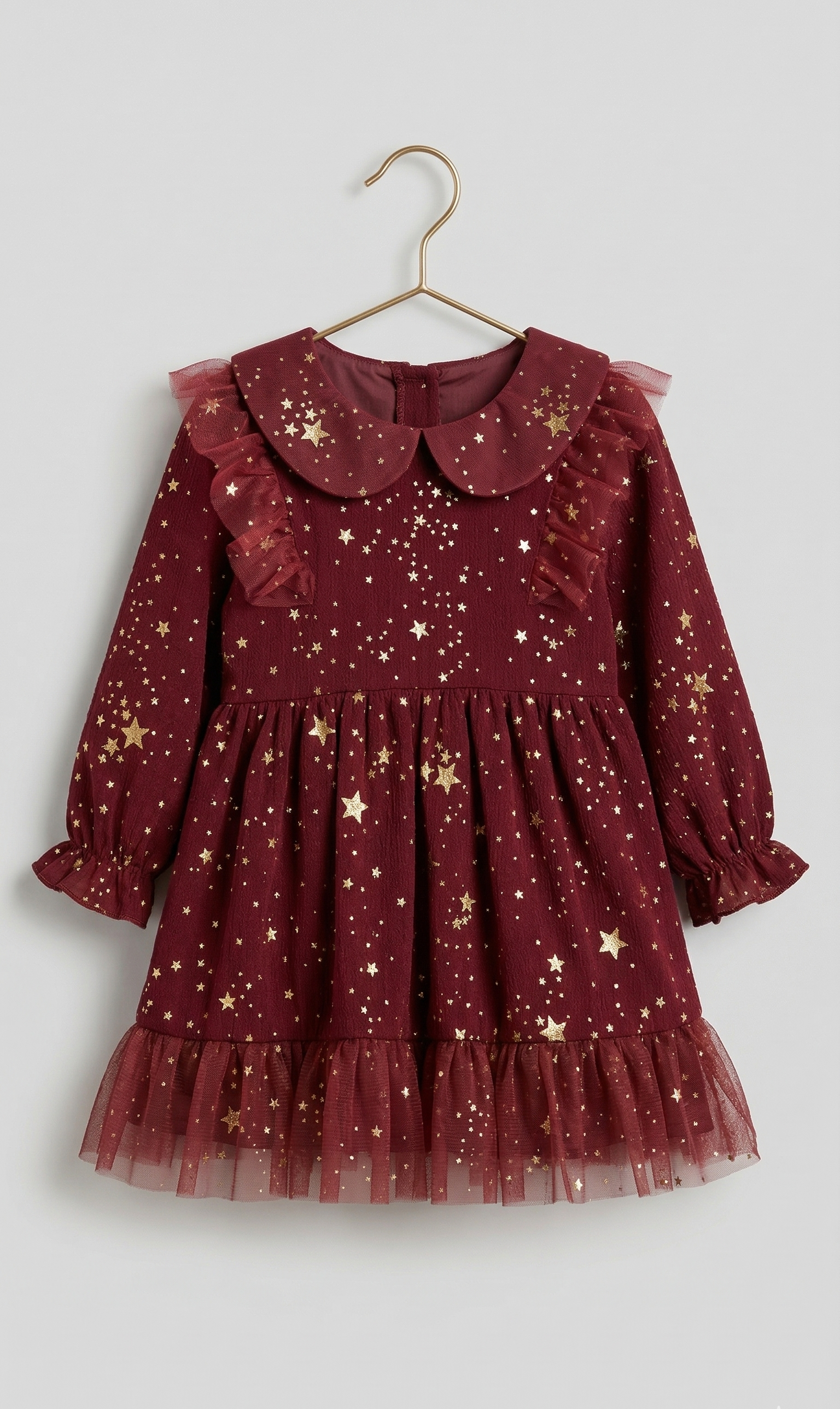 Burgundy Gold Star Print Long Sleeve Dress (BG-000635)