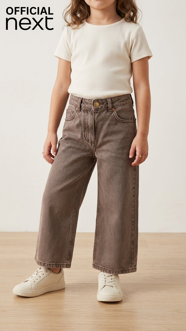 Girls Taupe Brown Wide-Leg Denim Jeans (Next) (BG-000941)