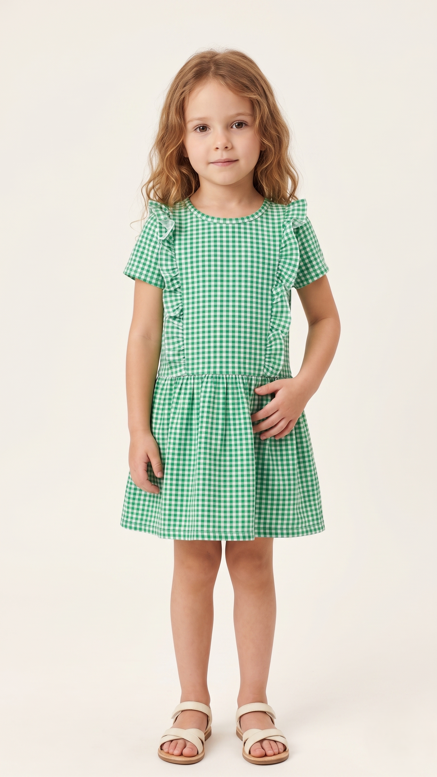 Green Gingham Frill Trim Drop-Waist Frock (BG-000649)