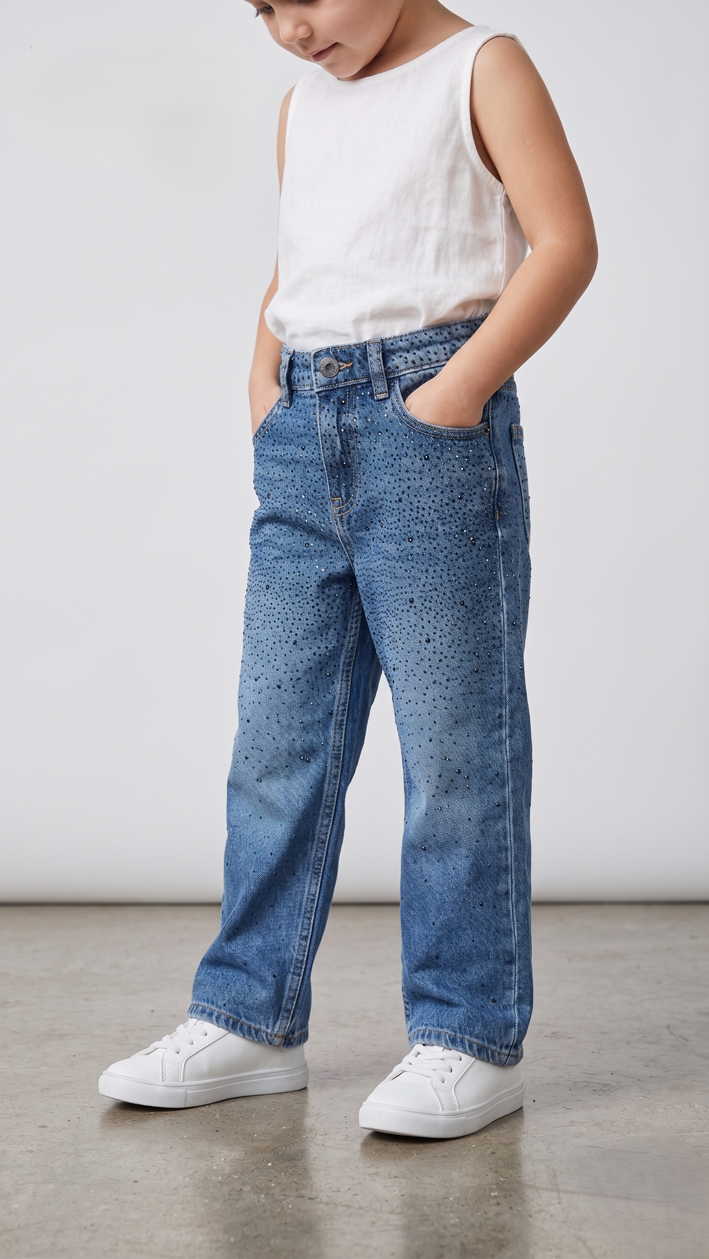 Blue Rhinestone Embellished Girls' Wide leg Jeans (BG-000682)