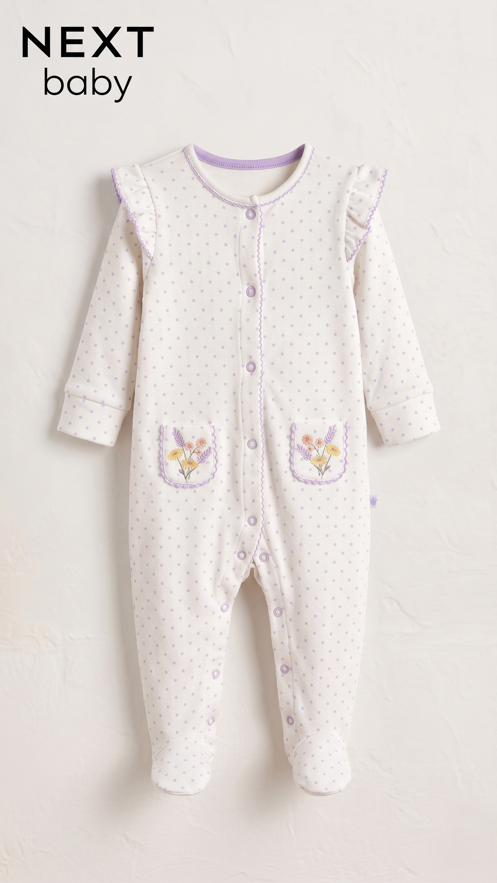 White & Lilac Polka Dot Frill Sleepsuit  (BG-000669)