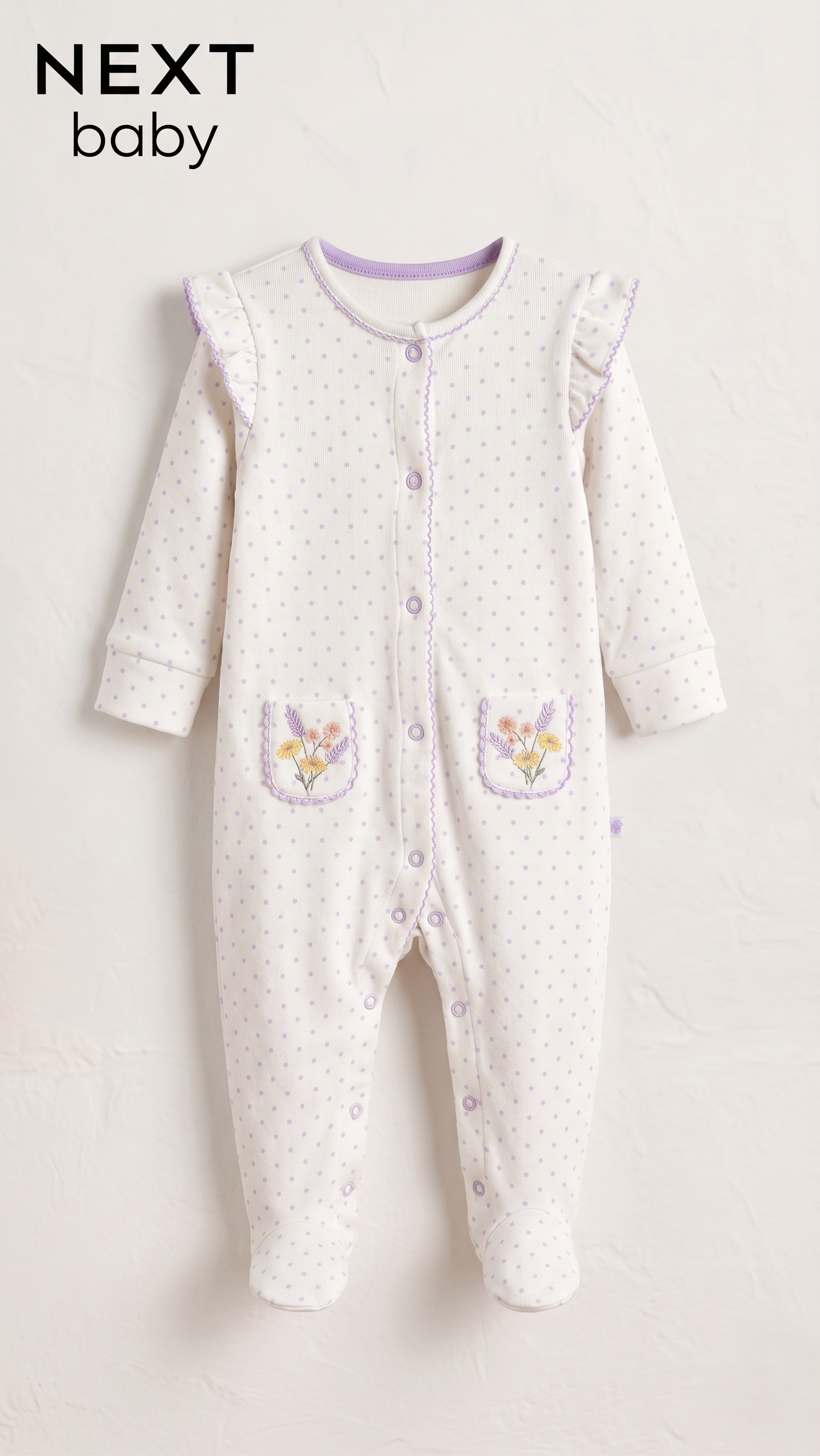 White & Lilac Polka Dot Frill Sleepsuit  (BG-000669)
