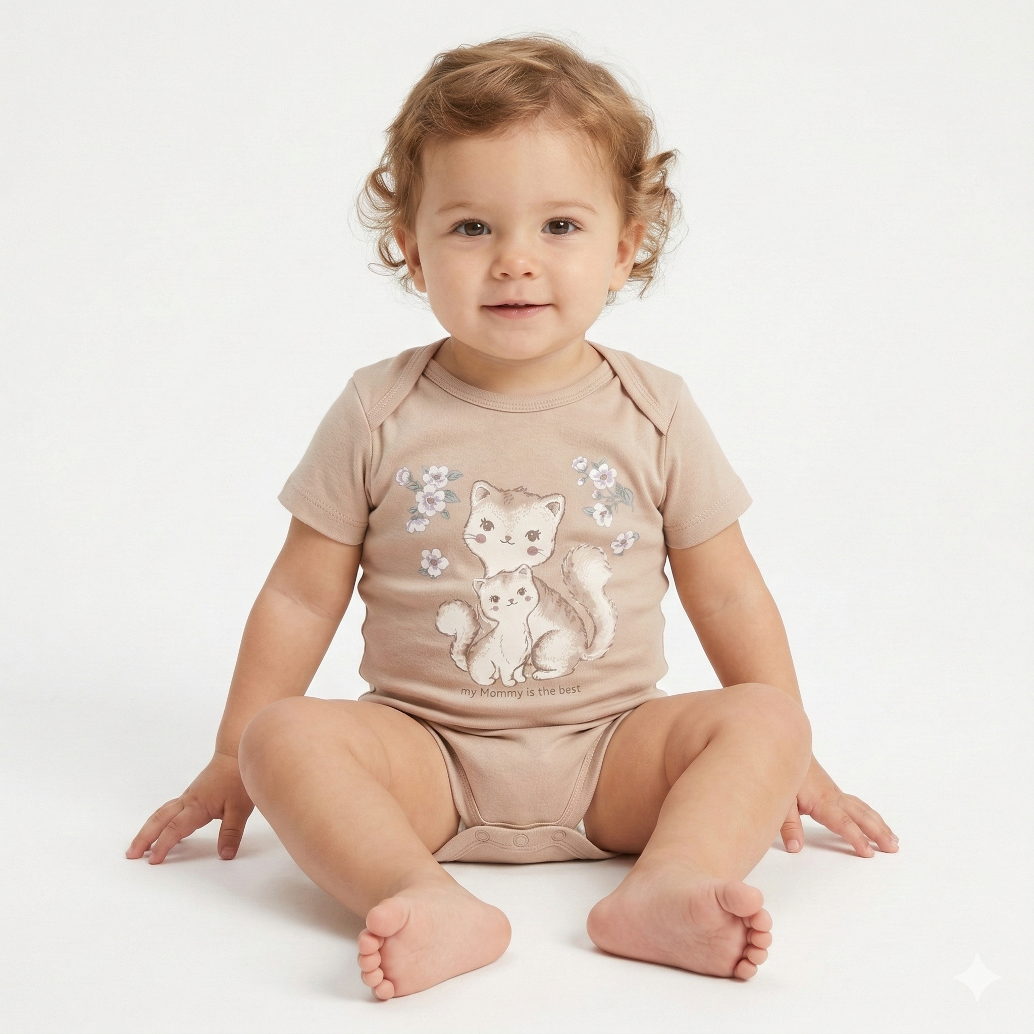 Beige Cat Illustration Bodysuit (BG-000415)