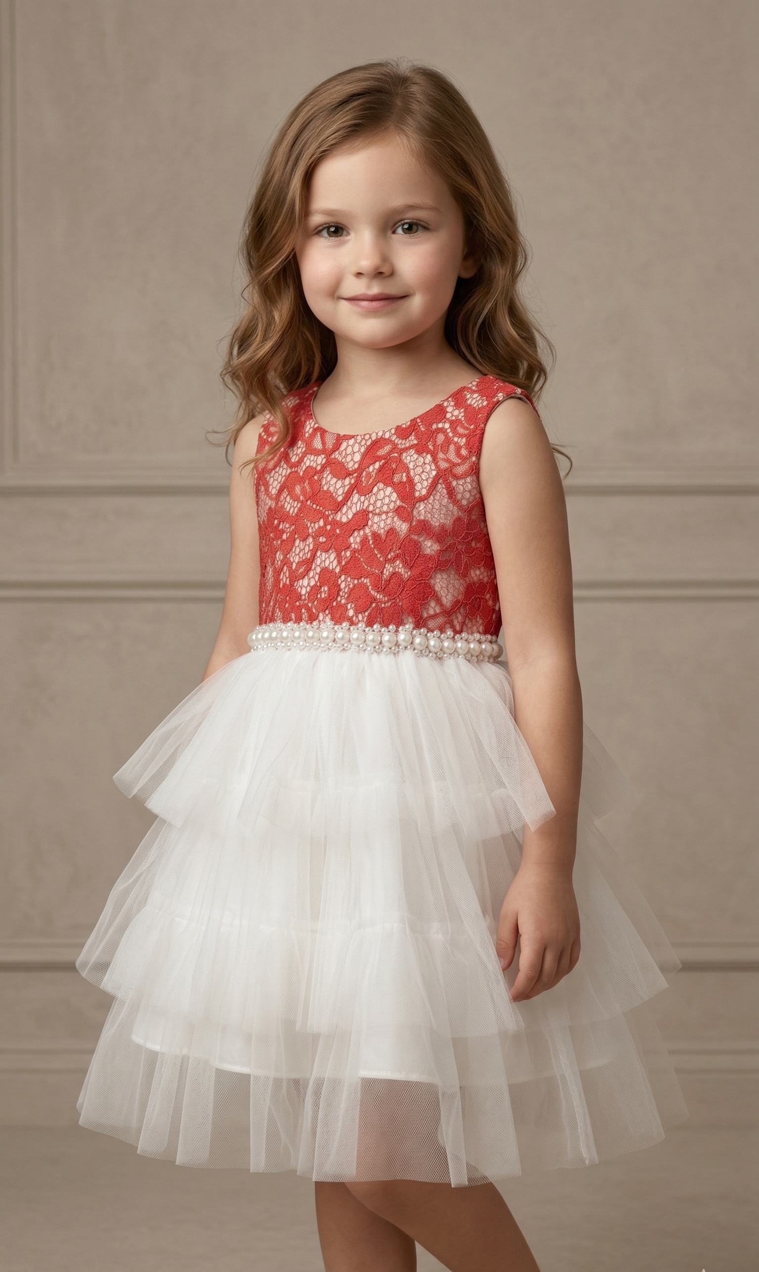 Red Lace & White Tiered Tulle Dress (BG-000634)