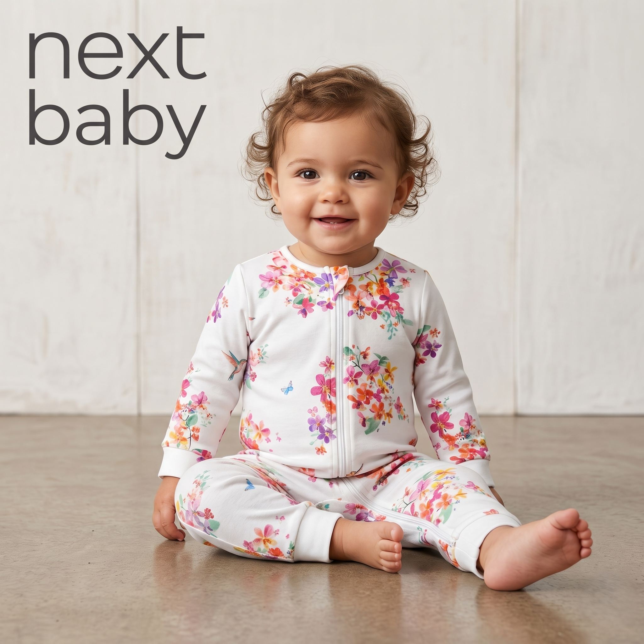 White Tropical Floral & Hummingbird Zip Romper (BG-000642)