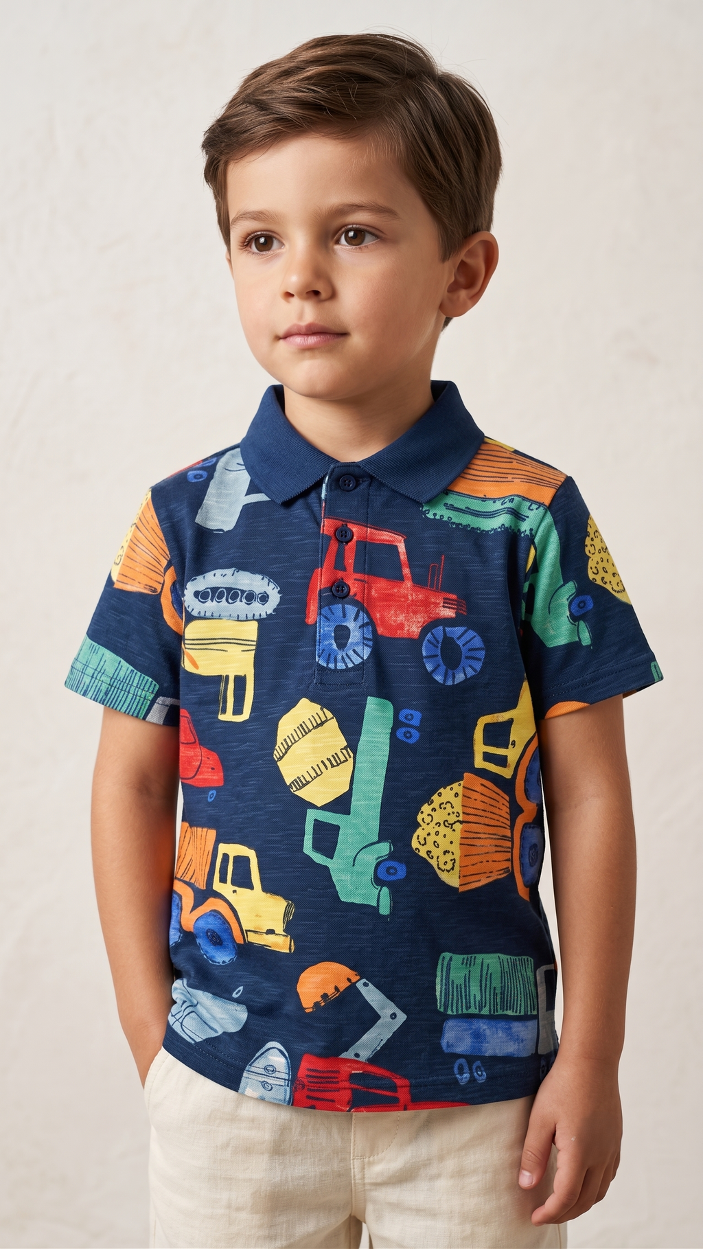 Boys' Construction Vehicle All-Over Print Polo Shirt - Navy Multi (BG-000843)