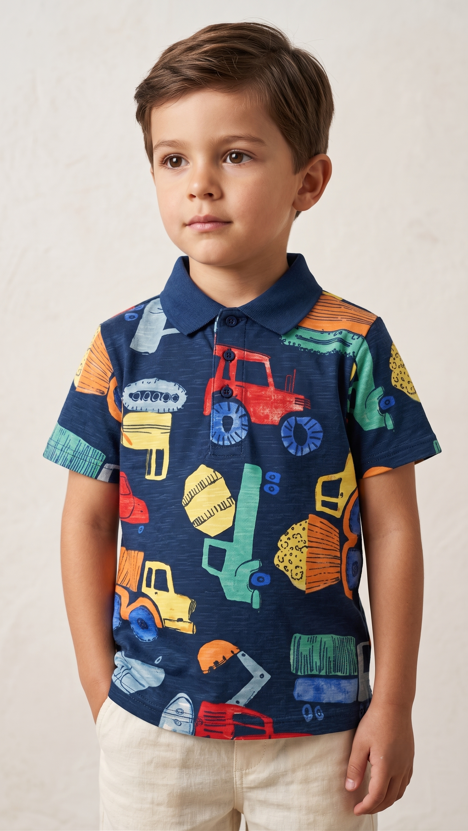 Boys' Construction Vehicle All-Over Print Polo Shirt - Navy Multi (BG-000843)
