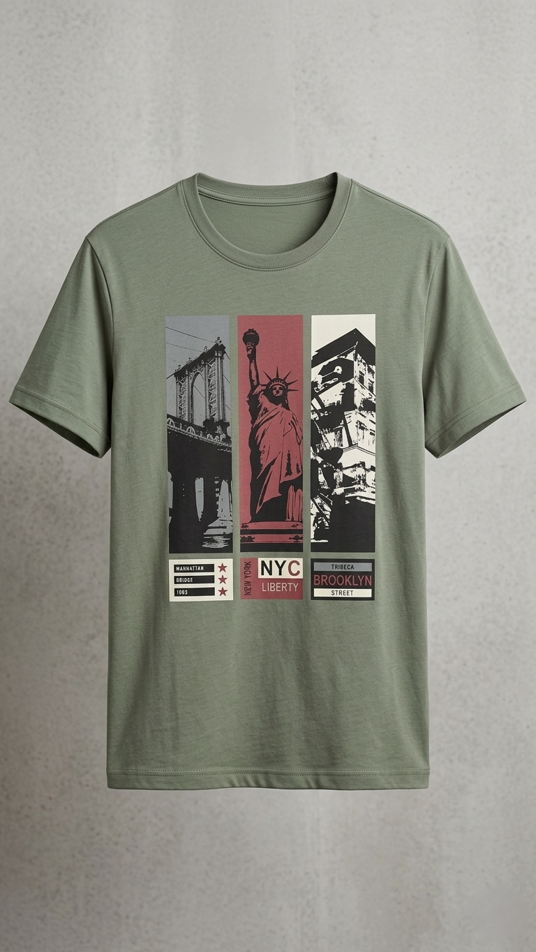NYC "Liberty" Triptych Sage Green Graphic Tee (BG-000662)