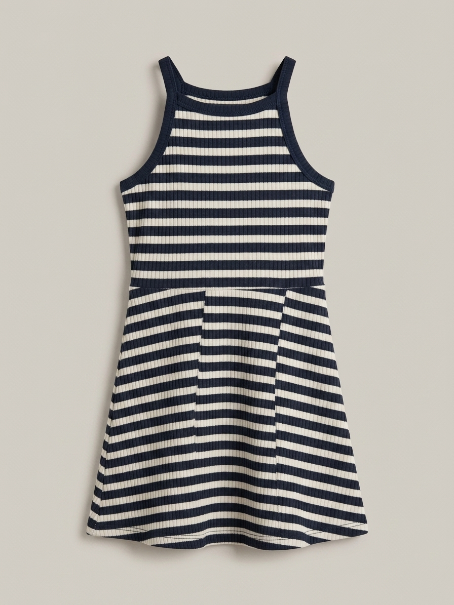 SLEEVELESS FROCK WHITE AND BLACK STRIPES (BG-000789)