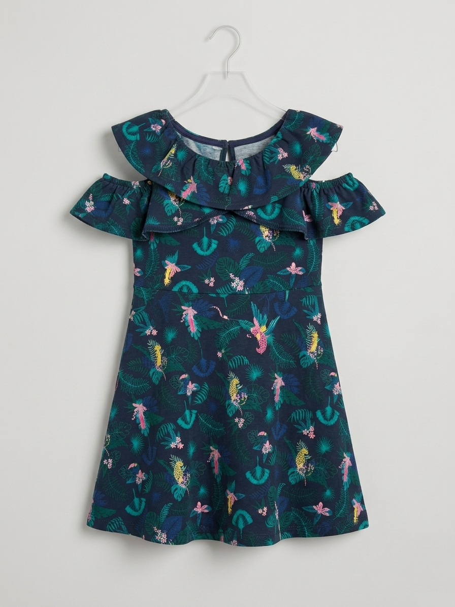KIABI NAVY BLUE FROCK WITH COLORFUL FLOWERS (BG-000788)