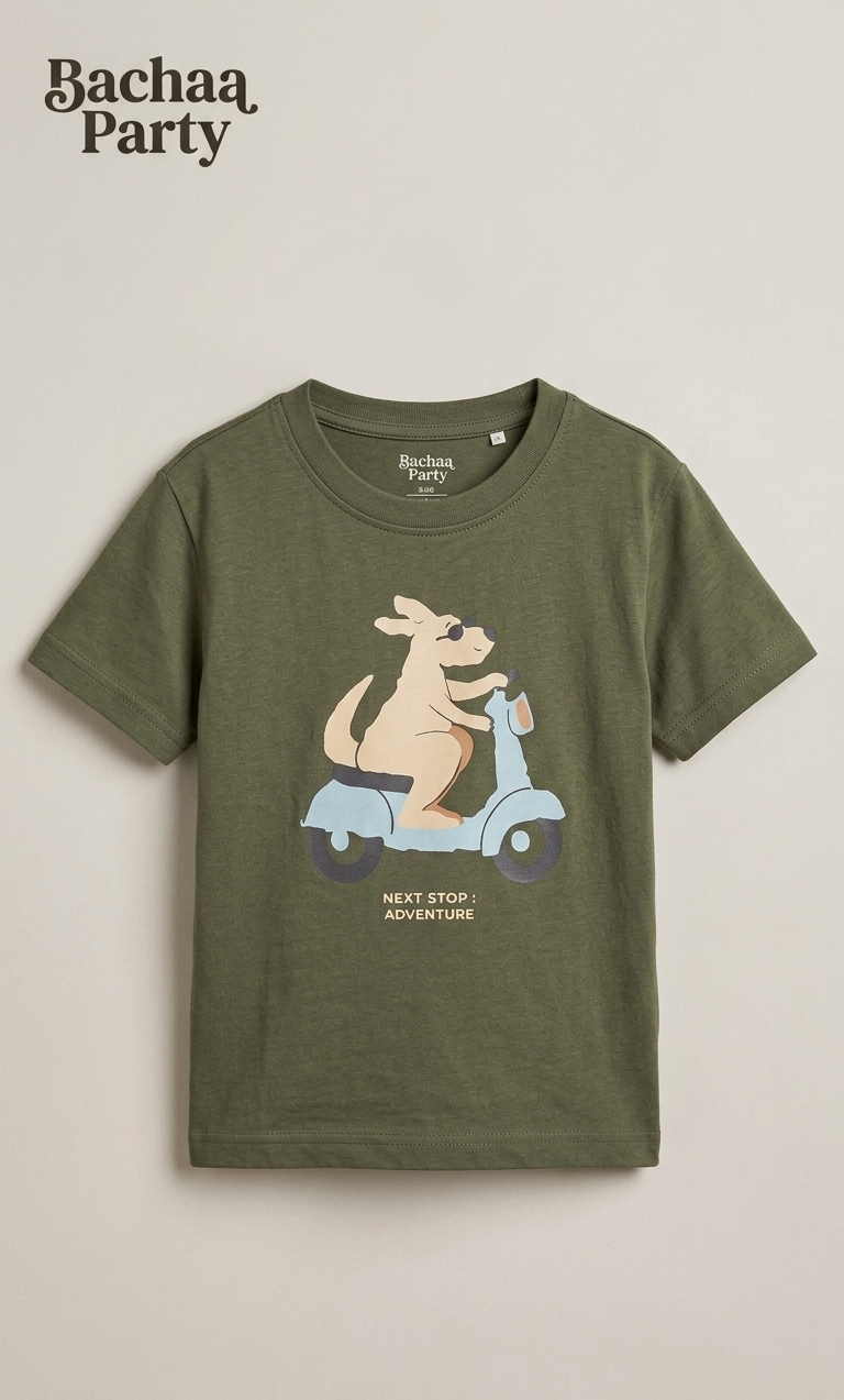 BACHAA PARTY GREEN SHIRT WITH KANGAARO ON SCOOTER PRINT (BG-000677)