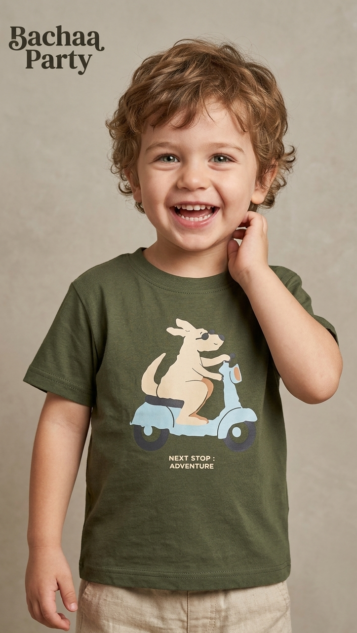 BACHAA PARTY GREEN SHIRT WITH KANGAARO ON SCOOTER PRINT (BG-000677)