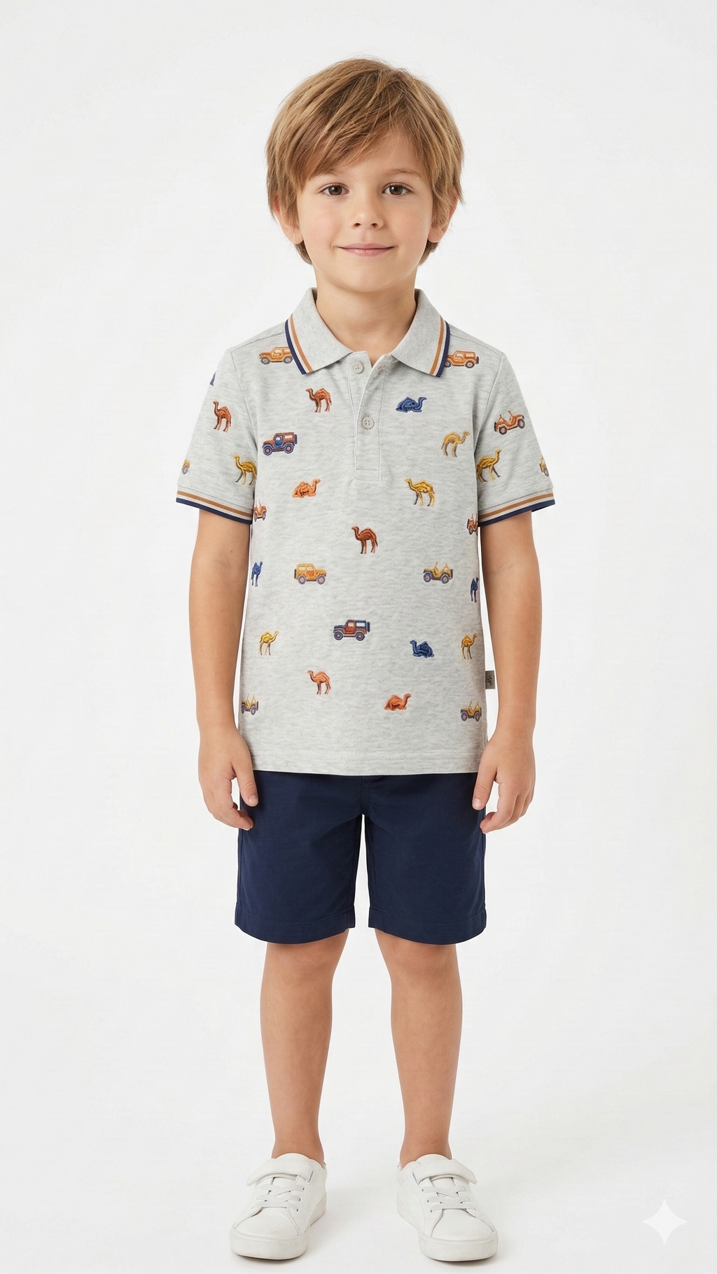 Boys Grey Polo shirt with Camels & Off-Road Vehicles (BG-000411)