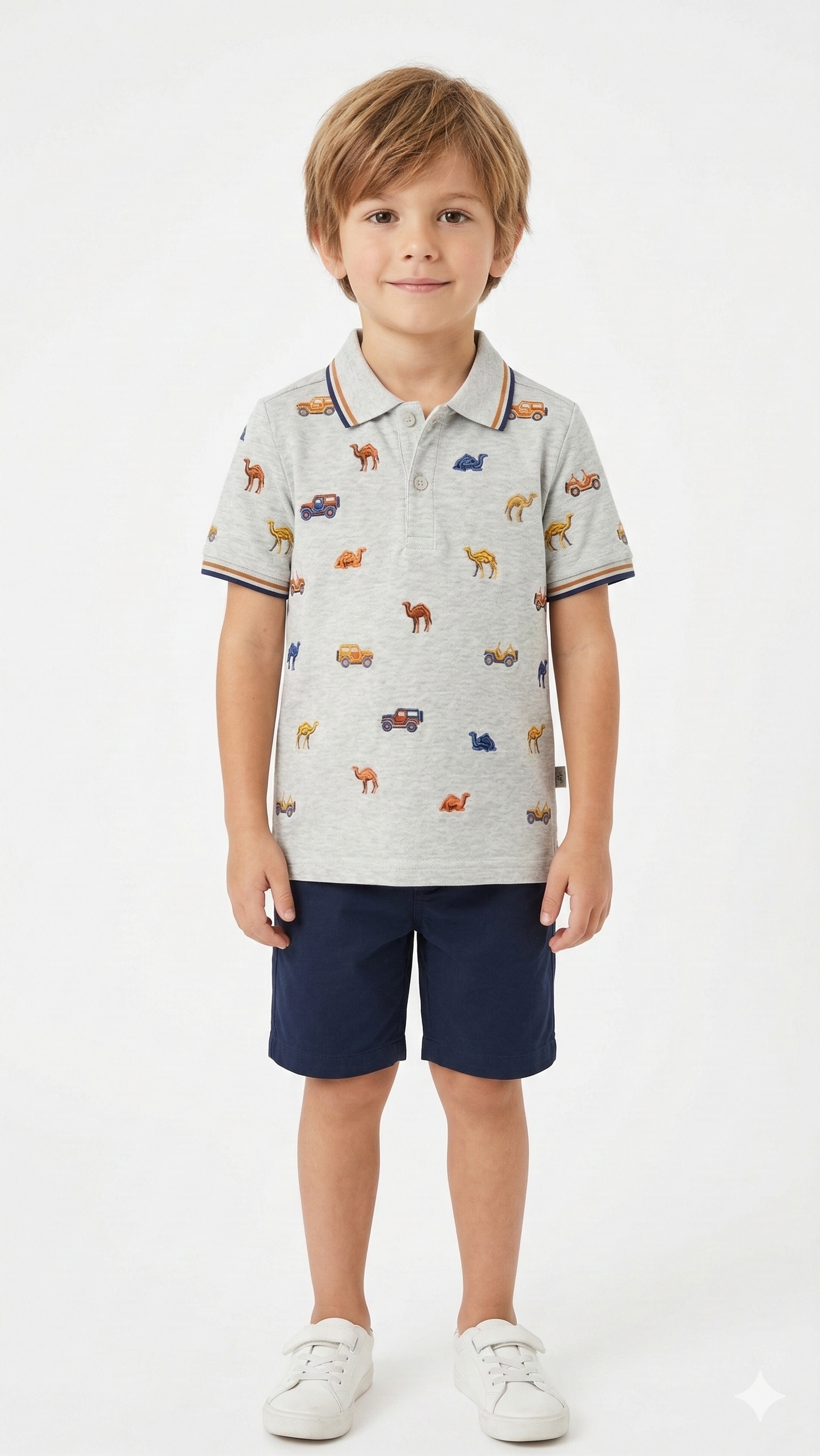 Boys Grey Polo shirt with Camels & Off-Road Vehicles (BG-000411)