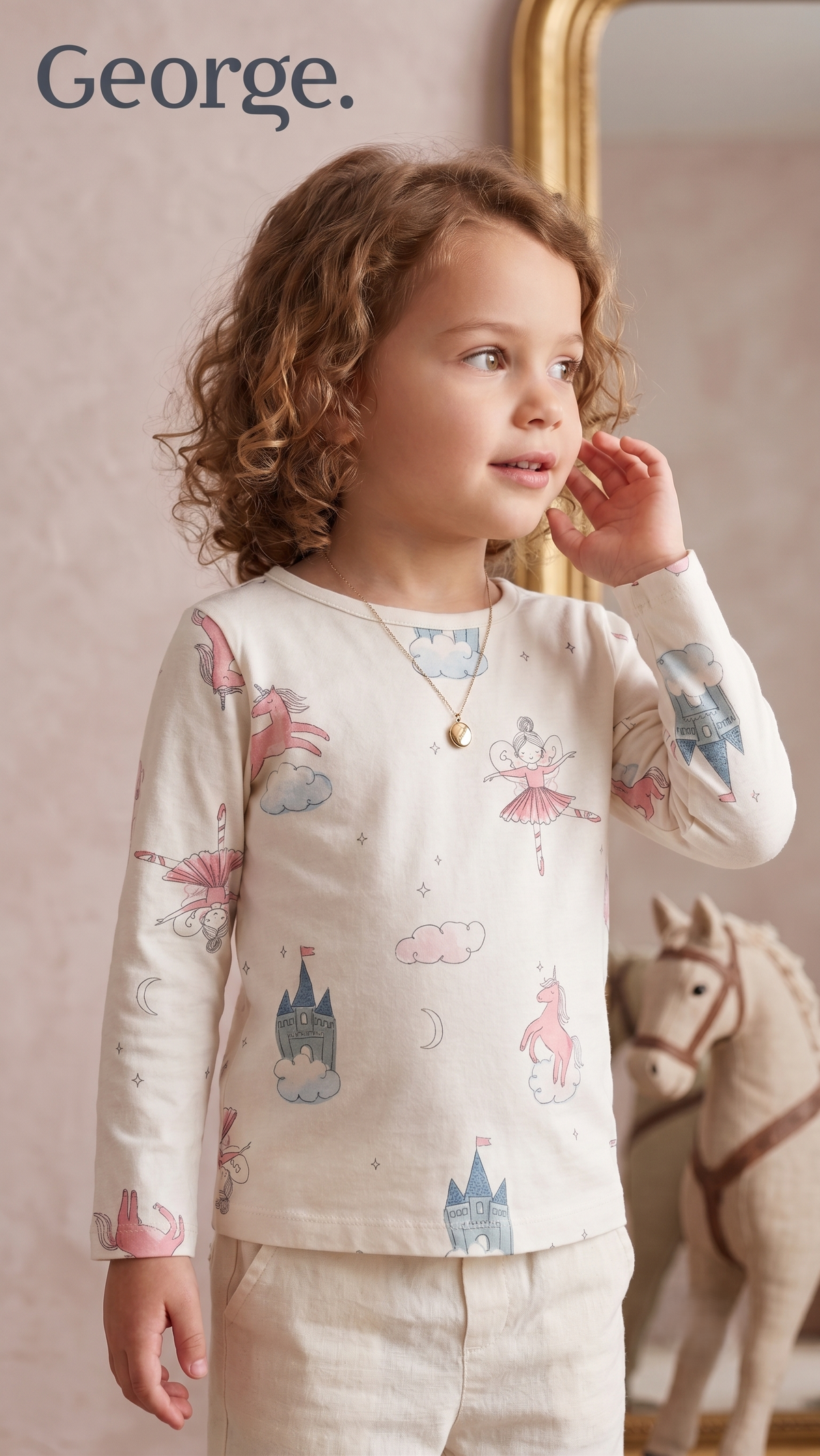 Girls Cream Fairy Tale Unicorn Print Long Sleeve T-Shirt George (BG-000922)