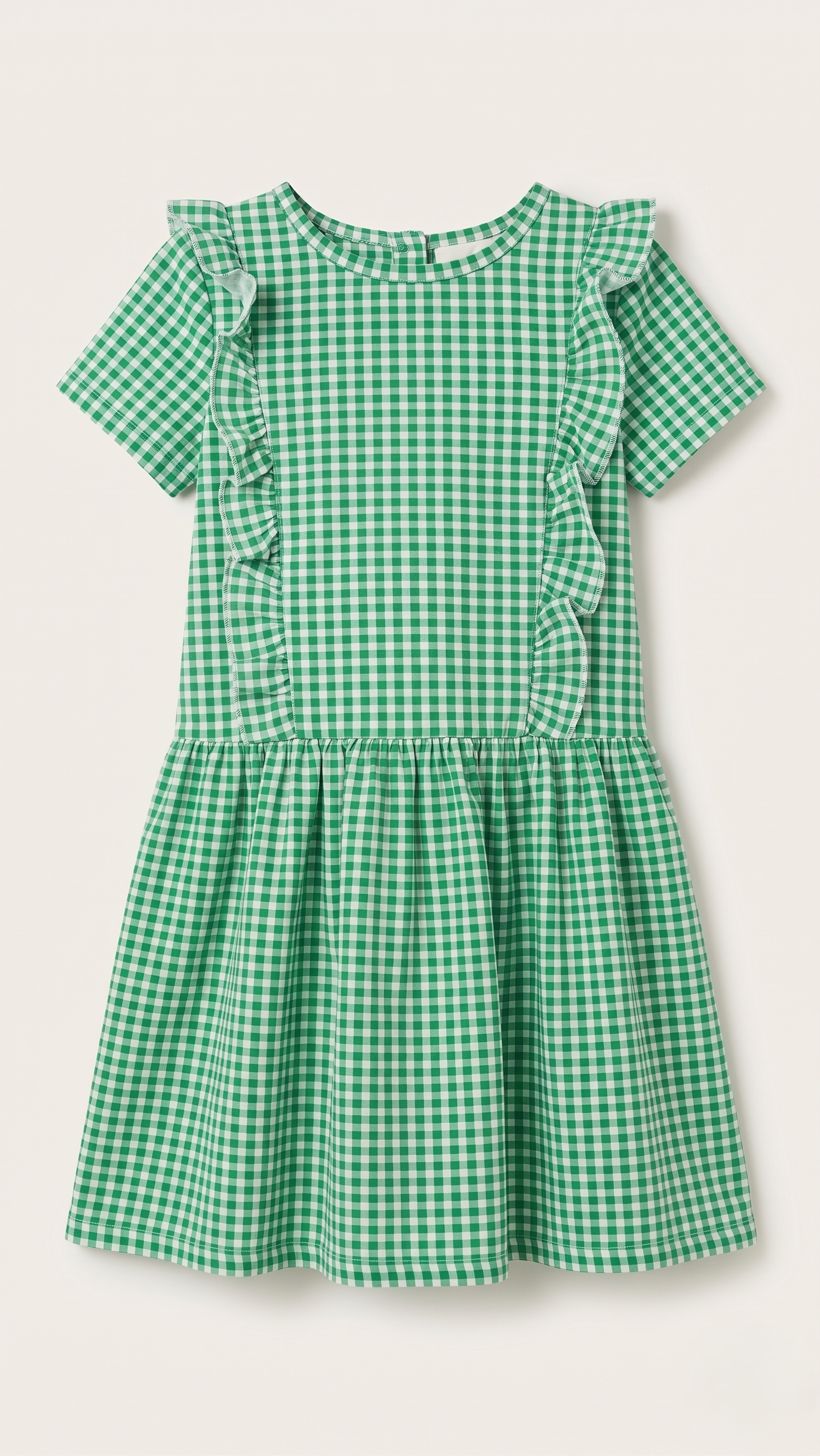 Green Gingham Frill Trim Drop-Waist Frock (BG-000649)