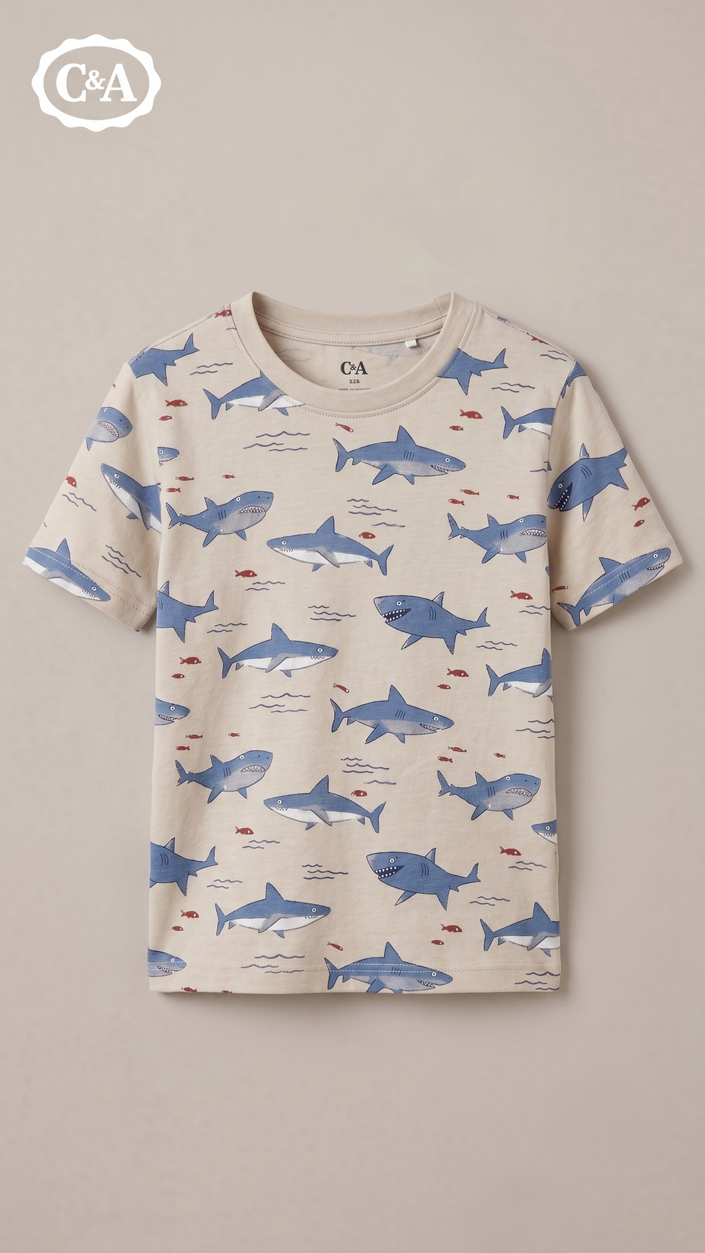 C&A Boys' All-Over Shark Print Short Sleeve T-Shirt - Beige (BG-000771)