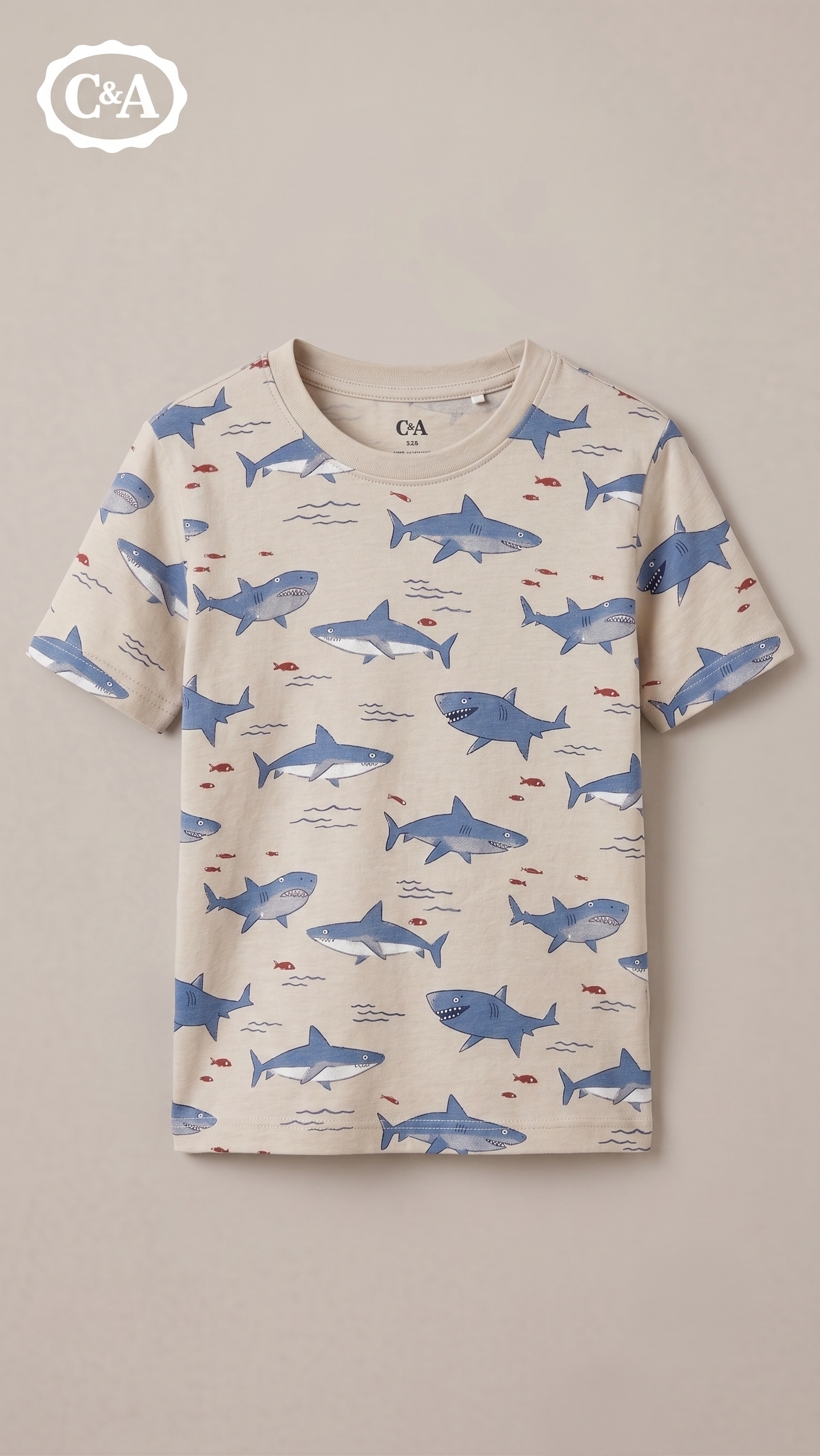 C&A Boys' All-Over Shark Print Short Sleeve T-Shirt - Beige (BG-000771)