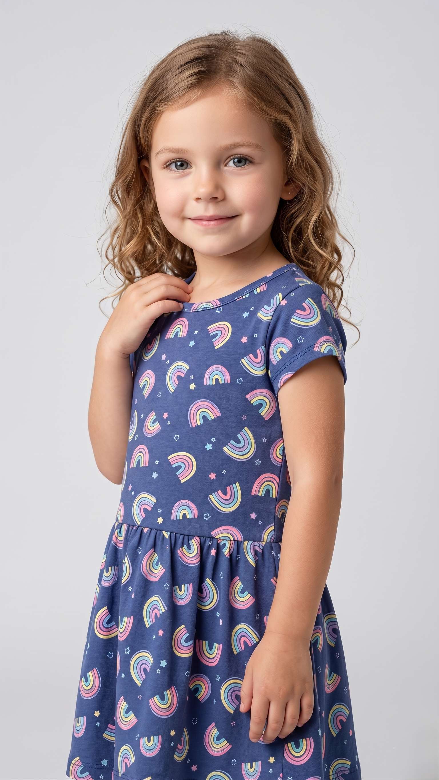 Navy Rainbow & Stars Print Casual Frock (BG-000571)