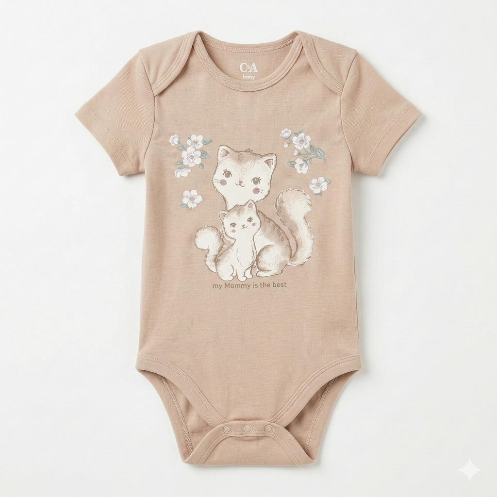Beige Cat Illustration Bodysuit (BG-000415)