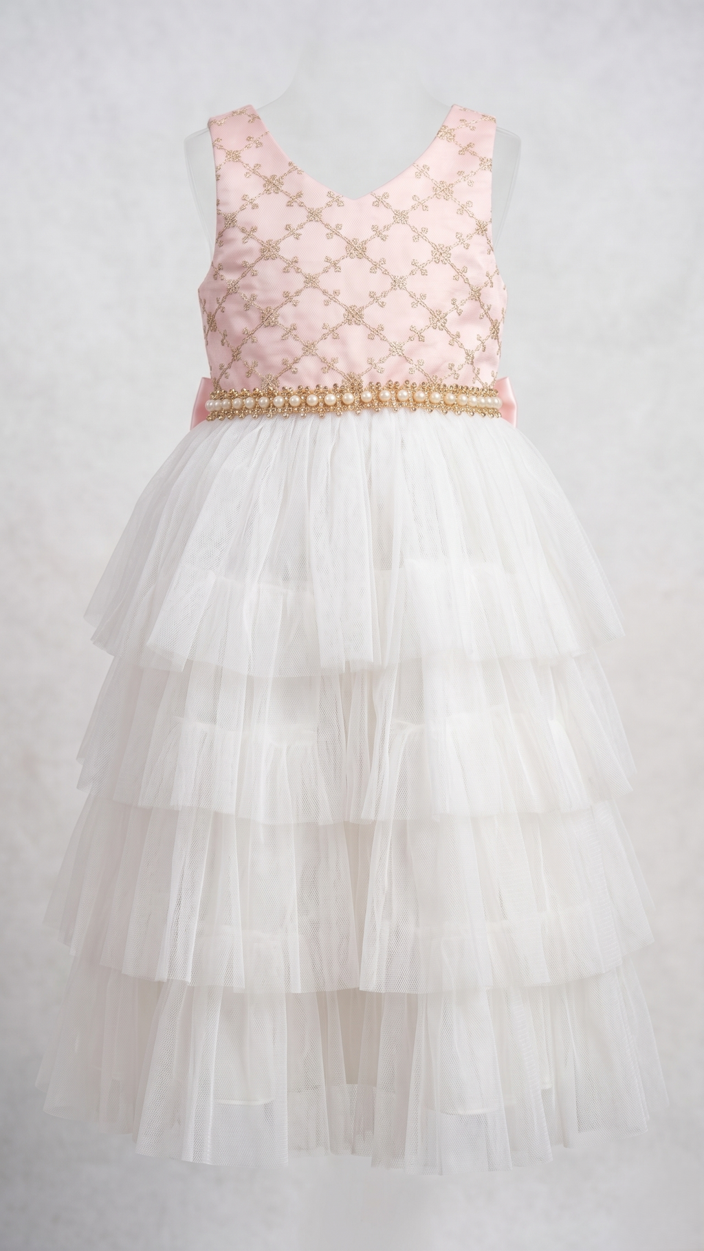 Pink Gold Embroidered & White Tiered Tulle Gown (BG-000636)