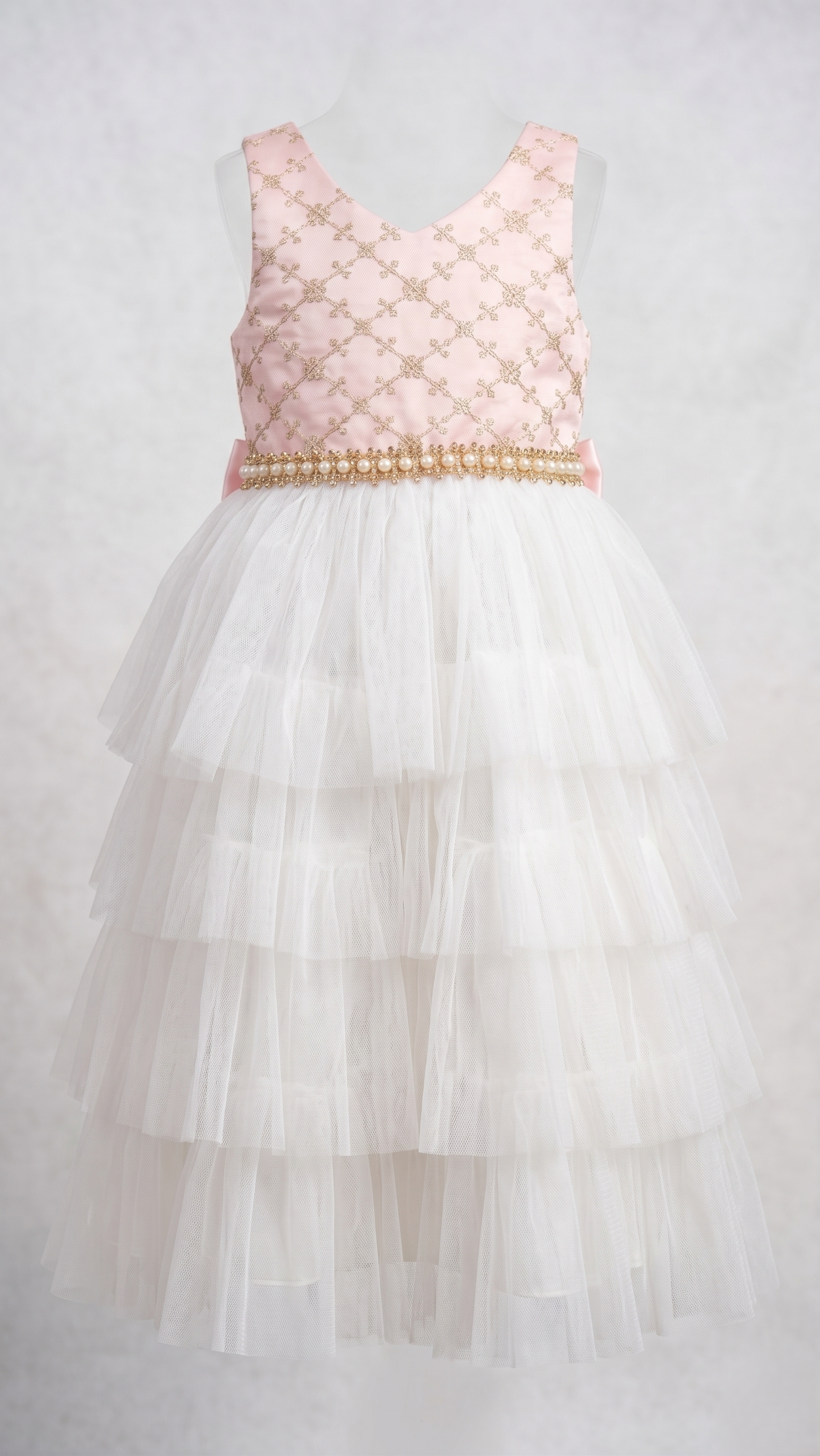 Pink Gold Embroidered & White Tiered Tulle Gown (BG-000636)
