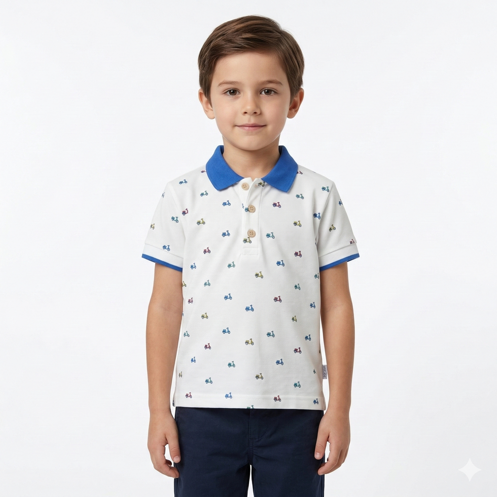 Boys White Pique Polo Shirt with Colorful Scooters (BG-000409)