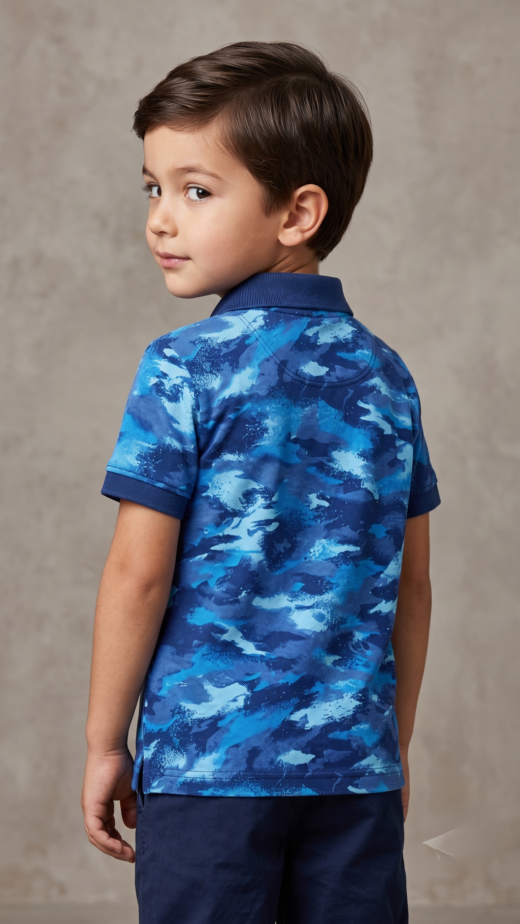 Boys' Short Sleeve Polo Shirt with Blue Camo Side Panels - Navy (BG-000842)