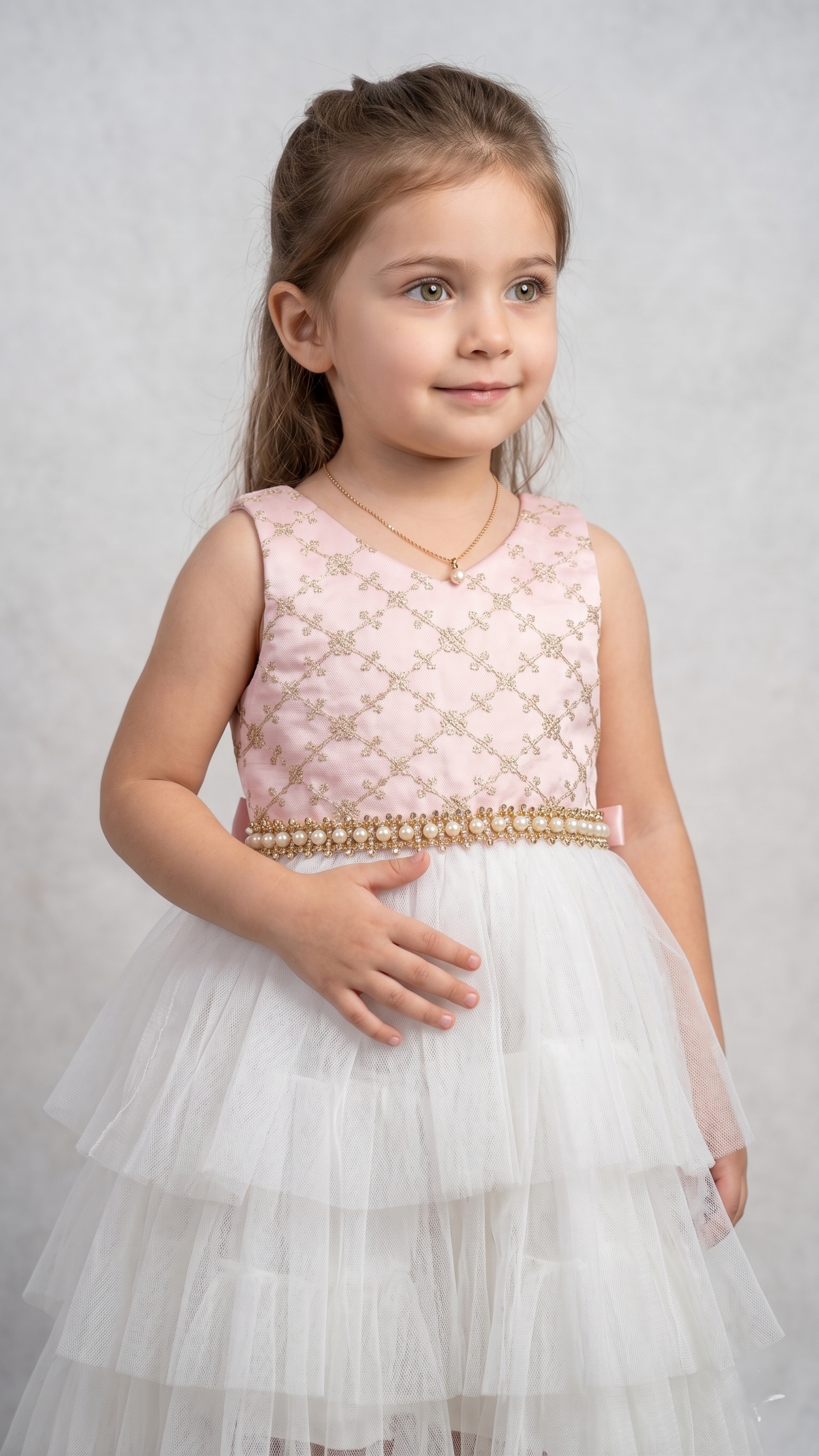 Pink Gold Embroidered & White Tiered Tulle Gown (BG-000636)
