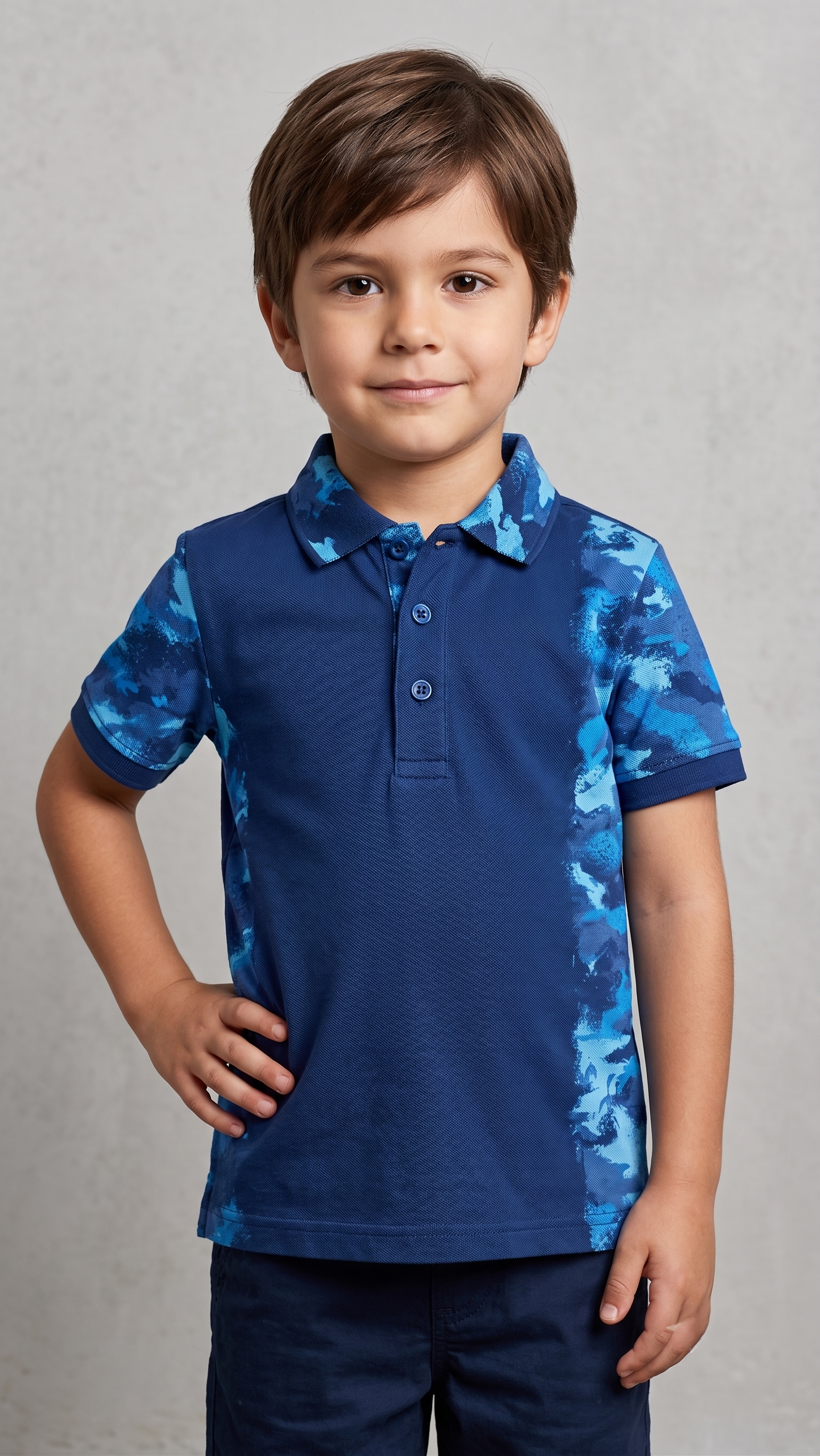 Boys' Short Sleeve Polo Shirt with Blue Camo Side Panels - Navy (BG-000842)
