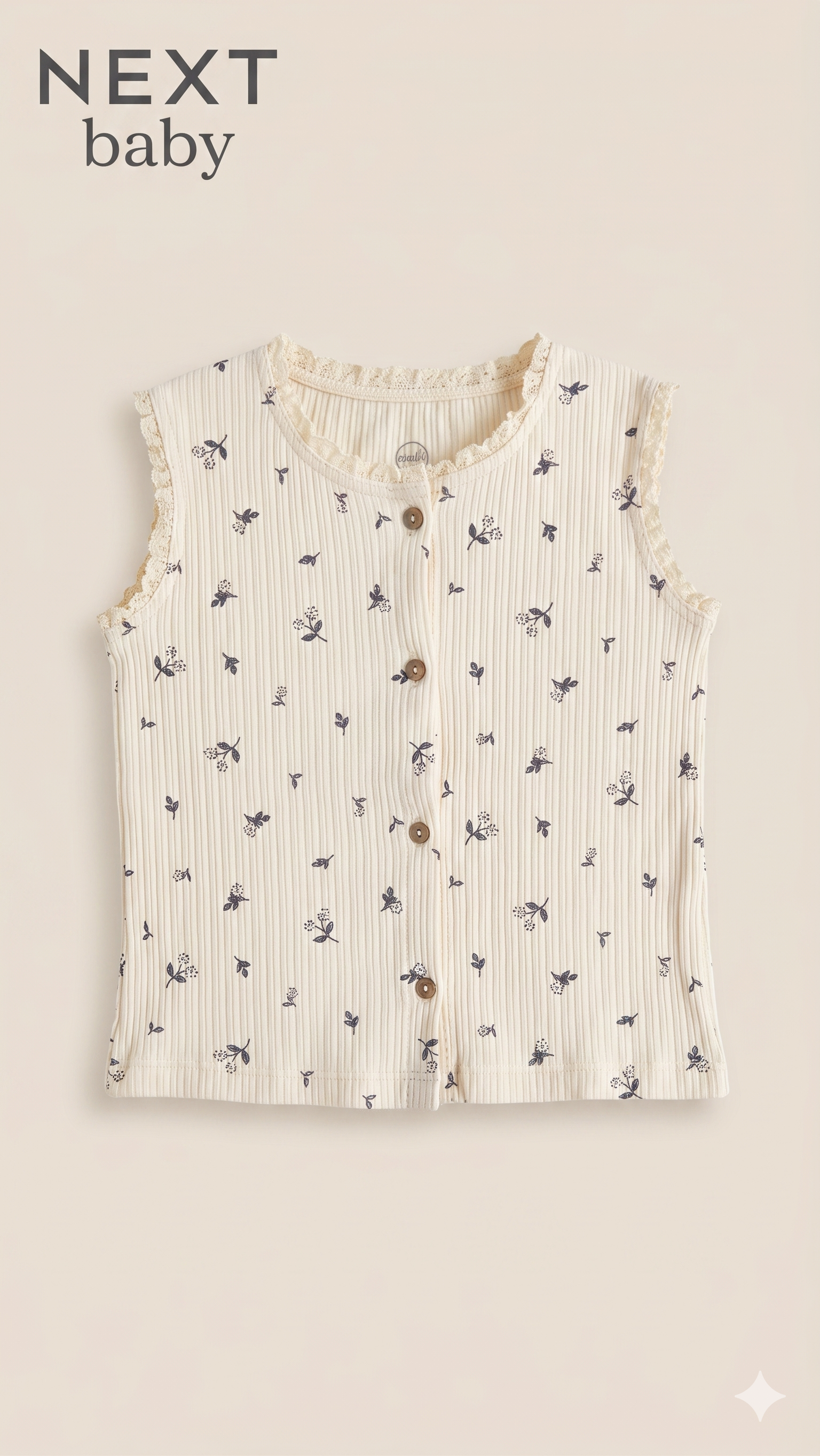 Baby Cream Floral Ribbed Sleeveless Blouse-Button Up (BG-000626)