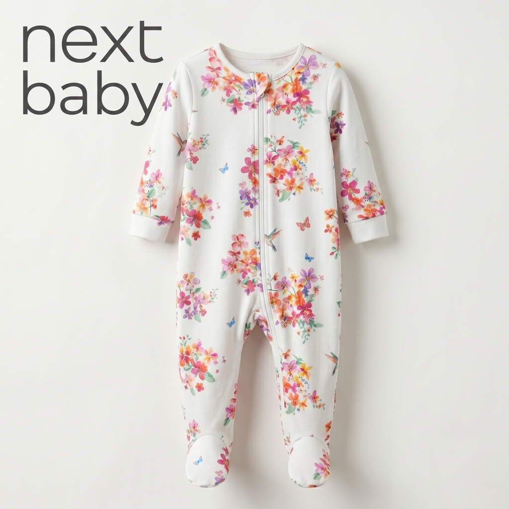 White Tropical Floral & Hummingbird Zip Romper (BG-000642)