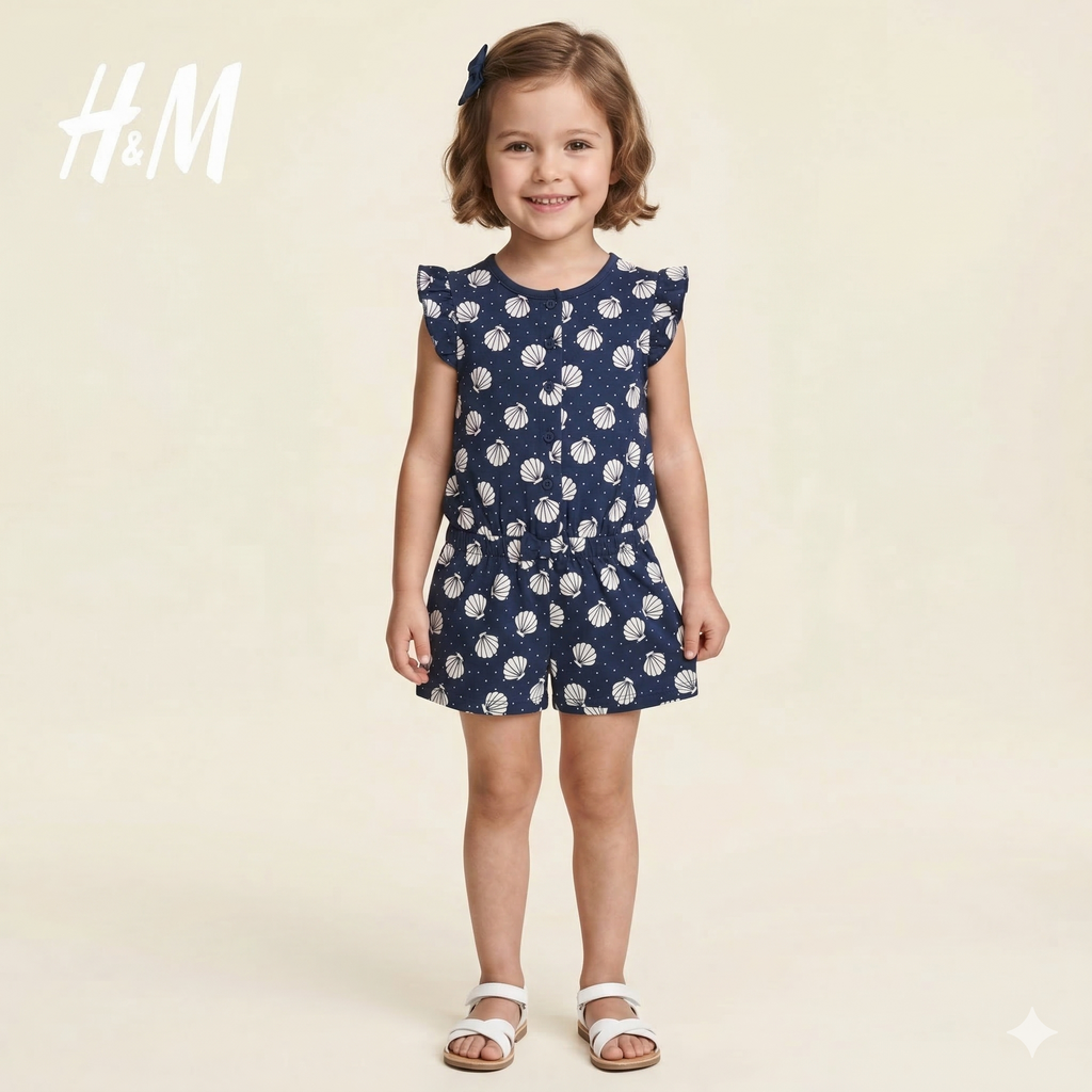 Girls all-over White Seashell & Dot Pattern Romper (BG-000382)