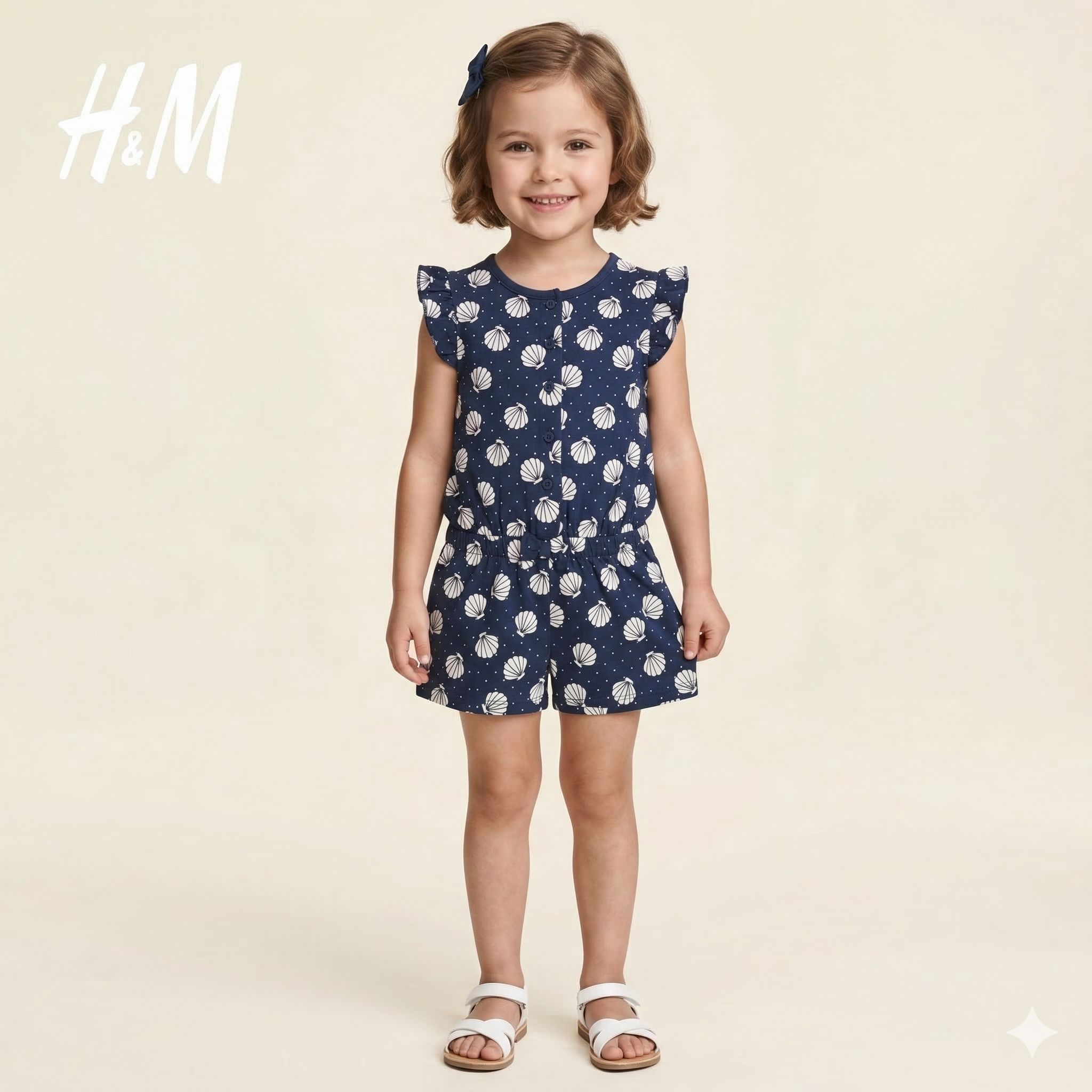 Girls all-over White Seashell & Dot Pattern Romper (BG-000382)